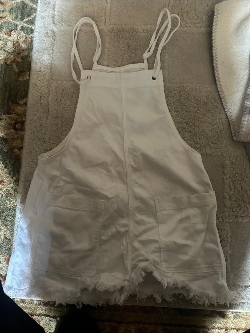 Aerie White Denim Short Overalls with Frayed Hem